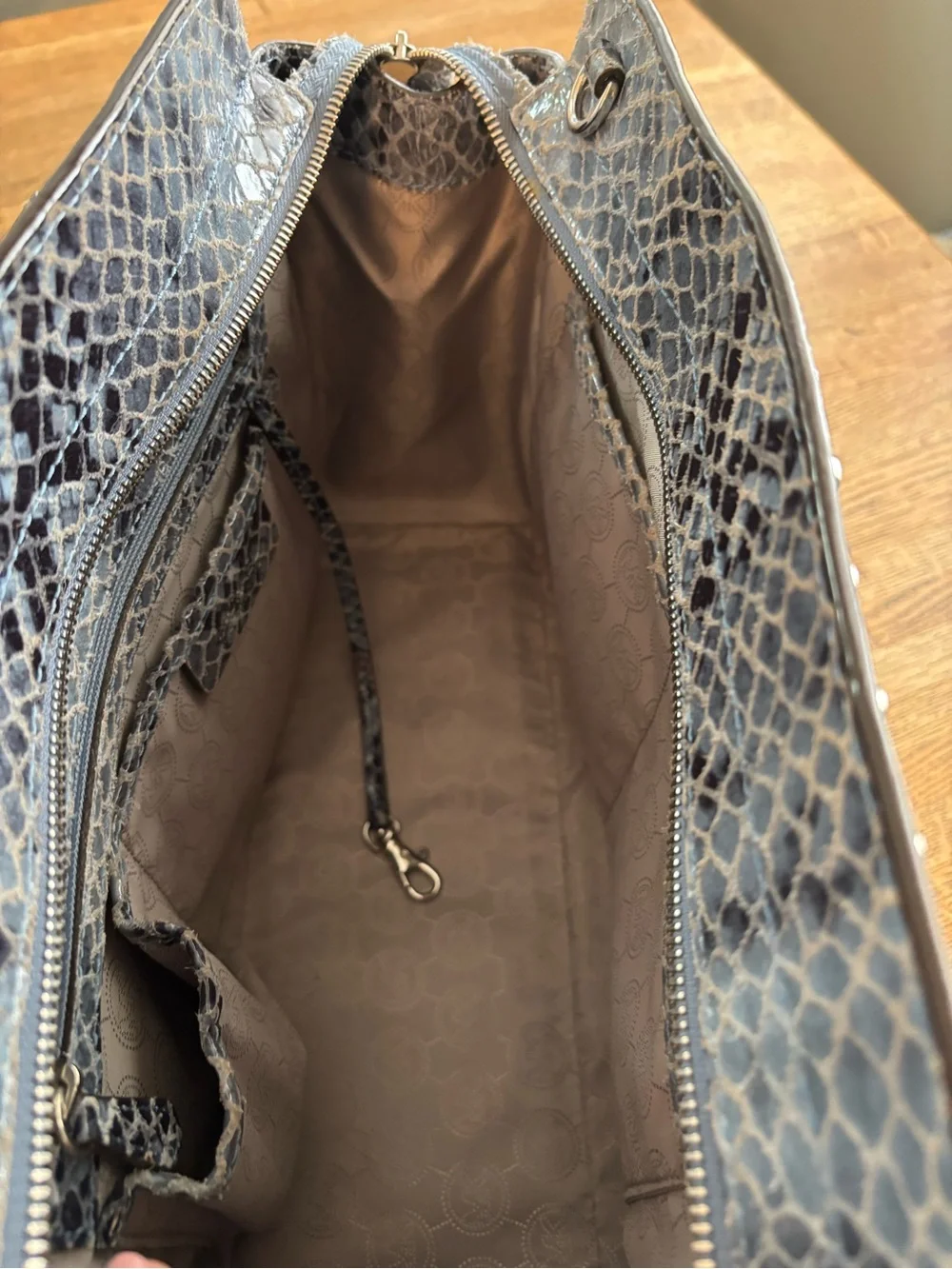 Michael Kors Snake-Embossed Jeweled Studded “Selma” Bag in Gray